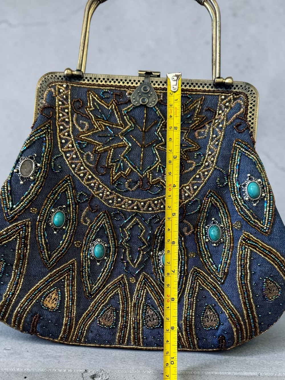 Vintage Beaded Evening Bag Blue Jeweled Frame Purse Art Deco Boho Statement Hbag - Picture 3 of 7